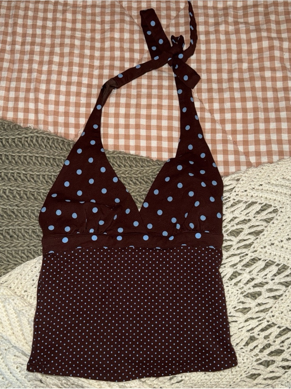 RSQ Brown Halter Polka Dot Tank with Light Blue Dots
